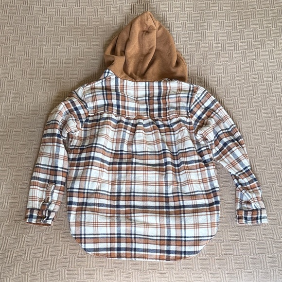 Cotton American Eagle Outfitters Hooded Plaid Shirt Jacket - Brown/White - Picture 2 of 6